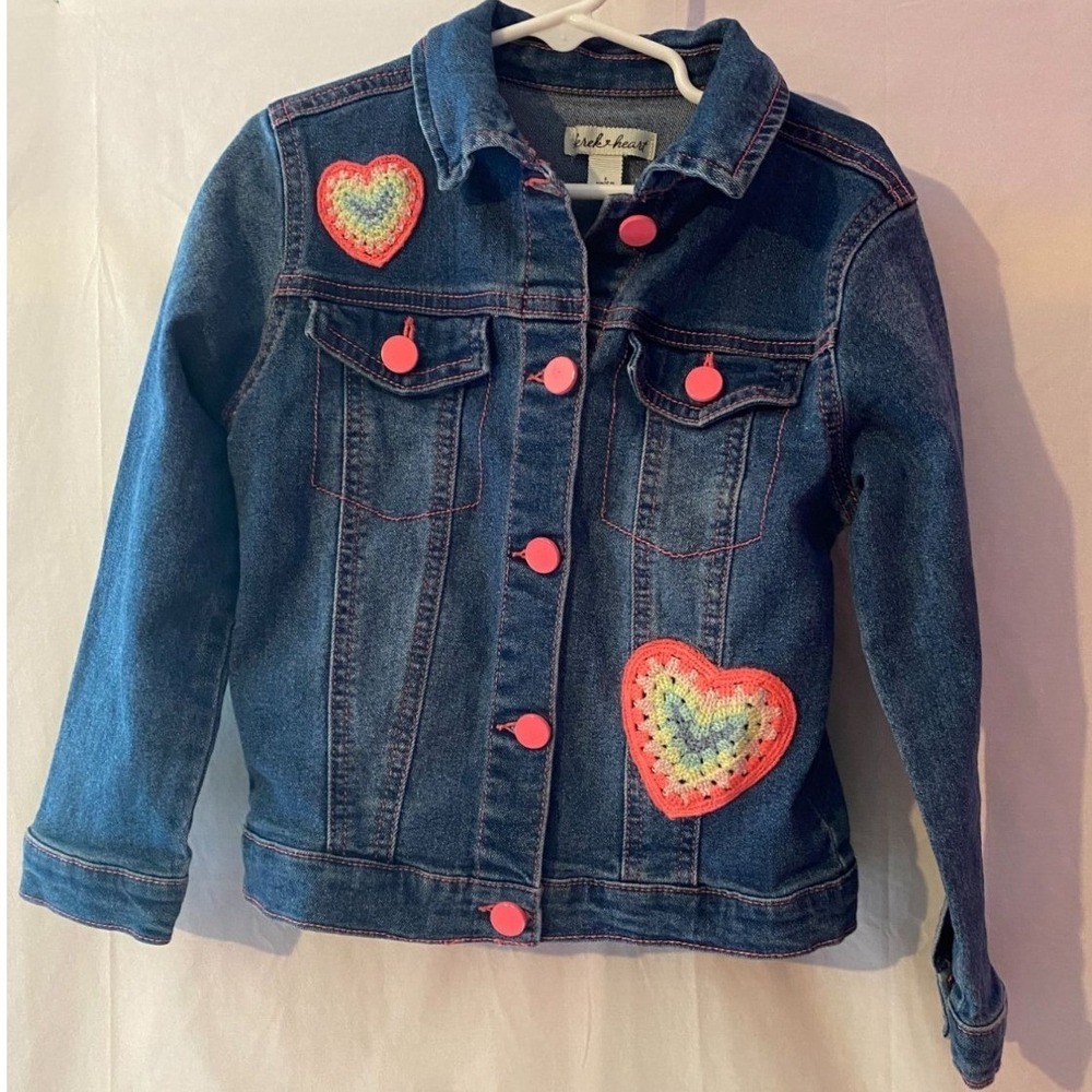 Derek Heart Girls Blue Denim Jacket Pink Stitching Crochet Rainbow Hearts Size 5